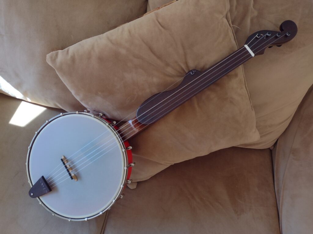 A banjo reclining on a sofa
